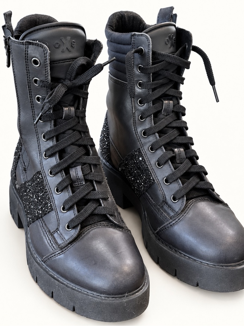 O.X.S. Italian Leather Glitter Combat Boots Black US 10